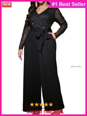 Plus Size Sequin V Neck Long Sleeve Wide Leg Jumpsuit with Pockets